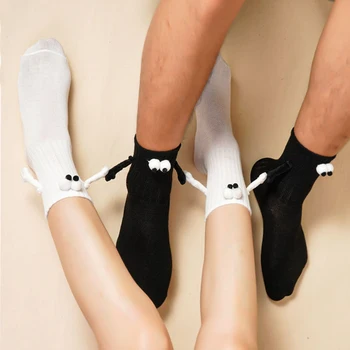 1 Par Ins Moda Namoradas Socks Engraçado, Criativo Atração Magnética Mãos Preto Branco Cartoon Olhos Casais Sox Meias