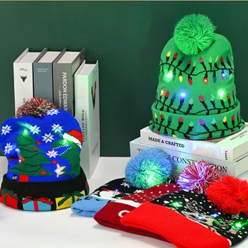 Chapéu de natal de Papai Noel Elk Chapéu de Malha com Luz LED Luz de Cap para Crianças de Padrão de Gorro de Malha Chapéus Presente de Natal