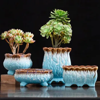 Criativo Vidrada Azul Suculenta Planta Pote Grande Diâmetro Respirável vaso de Flores de Vaso com Um Buraco Jardim Jardim Decoração de Casa
