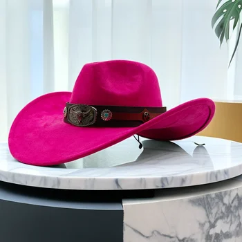 Rosa Vermelha Chapéu de Cowboy de Camurça Ocidental Chapéu de Cowboy Homens Piloto Chapéu панама Macio Chapéu Panamá Novo Chapéu de Cowboy Acessórios Ocidental