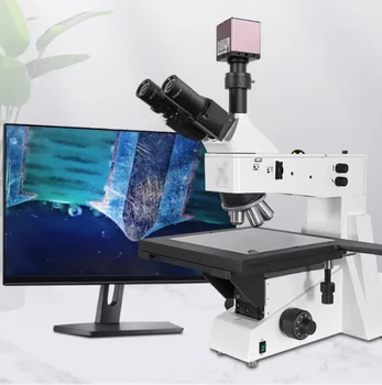 Três olho microscópio metalográfico ligado para exibir a tela, eletrônica industrial, fotografia, medição e detecção de