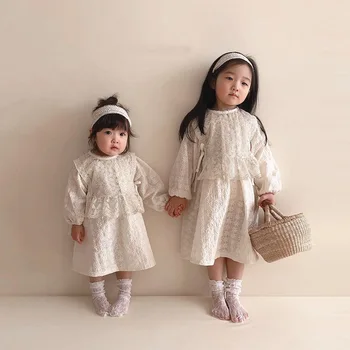 2023 Outono Novo Bebê Menina Manga Longa Roupa Elegante Laço Branco Vestido De Meninas Bebê Body Crianças Princesa Vestidos De Roupas Twin