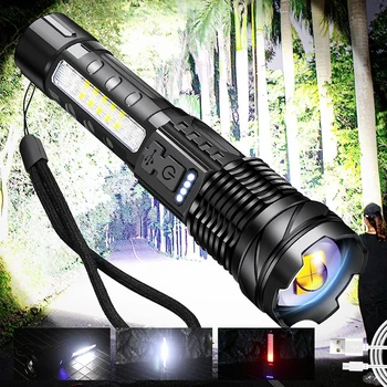 30W Diodo emissor de luz da Espiga Lanterna de Alta Potência Recarregável Tática Luz da Tocha Portátil Zoomable Forte Lanterna com 7 Modos de Iluminação