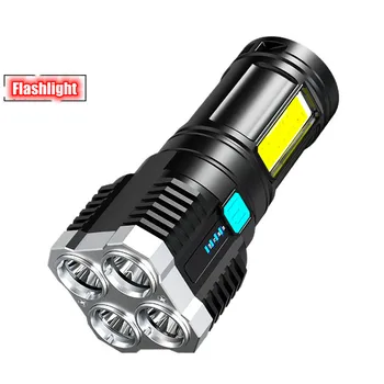 4 Núcleo Lanterna LED Cob Lado Forte Luz Exterior Portátil Tocha Recarregável USB Lanterna Lanterna Com indicação de Potência