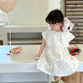 Estilo coreano Bebê Meninas' Vestido de Verão a Nova Flor de Impressão de Grande Gola de Crianças Vestido Elegante Princesa Vestido de Colete
