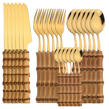 Zoseil 24Pcs de Bambu Ouro Conjunto de Talheres de Aço Inoxidável de Fabricação de Conjunto de Eco-Friendly de Bambu Talheres Garfo Faca Colher Conjunto de Talheres